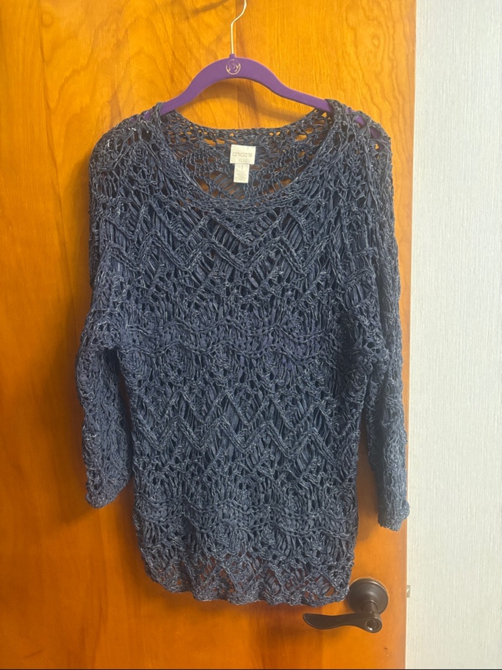 Chico's Navy Open-Knit Scoop Crewneck Sweater